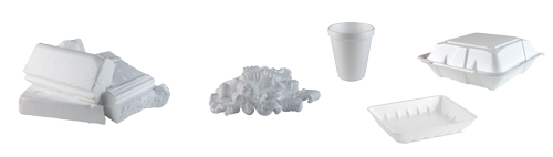 Foam Polystyrene blocks, peanuts, tray, to-go container, and cup
