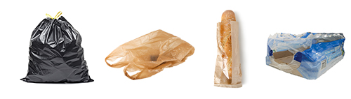 Picture of a large black plastic bag full of materials, grocery shopping bag, bread bag, and beverage case wrap