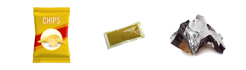 Chip bag wrapper, mustard packet, chocolate bar wrapper