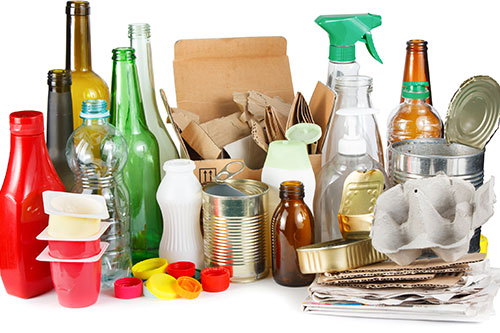 Recyclable items, glass, paper, plastic containers and metal.