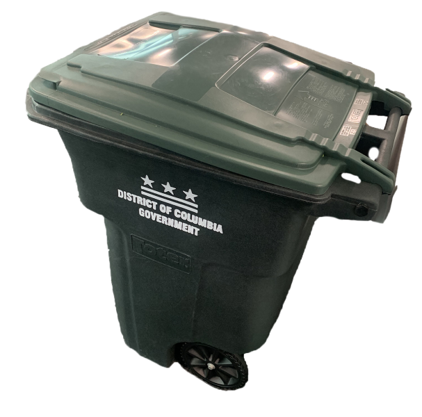 Tall green DC DPW trash bin with a lid and wheels